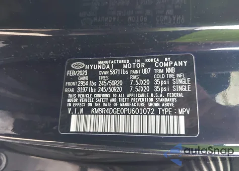 2023 Hyundai Palisade Sel z USA, uszkodzony, nr VIN KM8R4DGE0PU601072